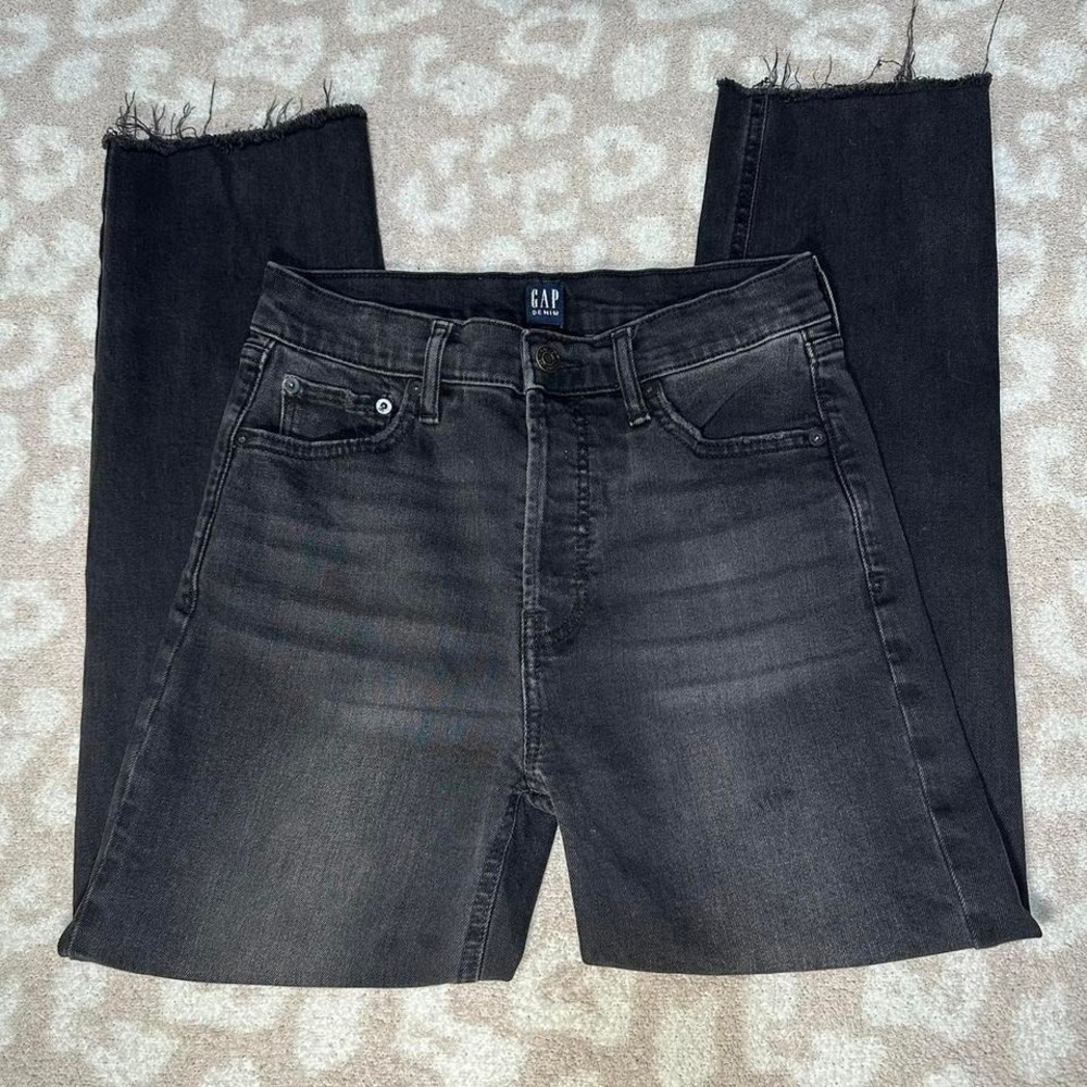 GAP‎ Cheeky Straight Jeans Black Wash High Rise Raw Hem 27 Tall